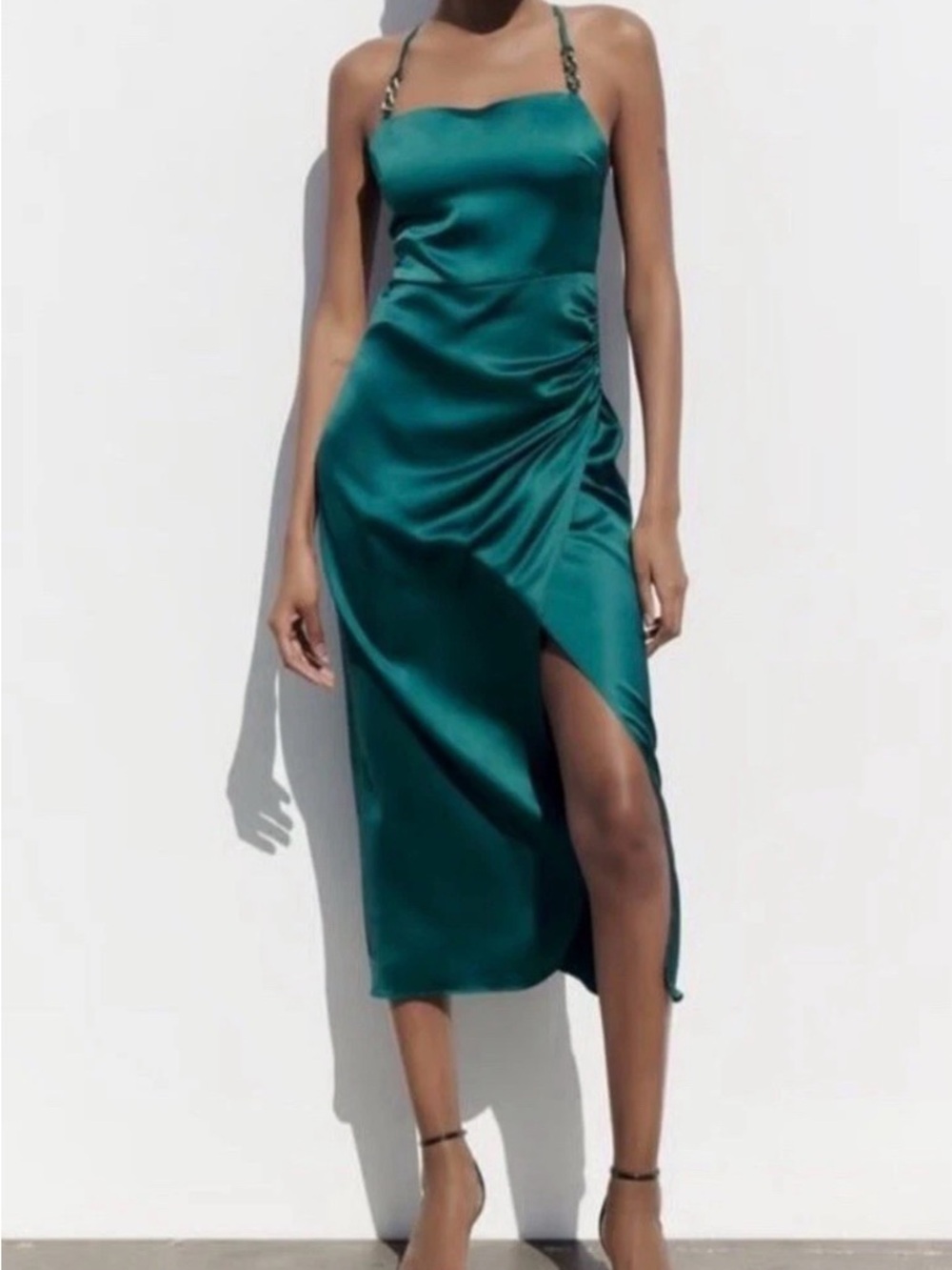 Zara Teal Satin Midi Dress with Chain Straps